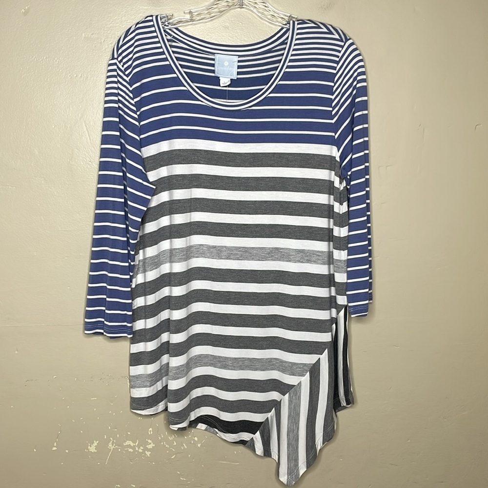 SUNDAY Dress Barn Tunic Top Striped Blue& Gray Asymmetric Hem Popover NWT Large